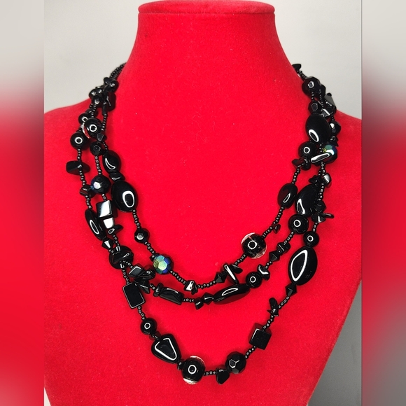 Jewelry - Retro Messy Beaded Necklace Black Glass Multi Strand with Oval & Iridescent Bead